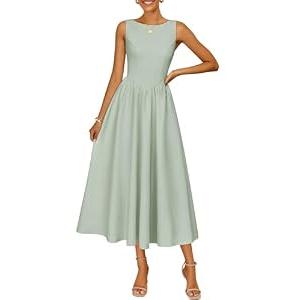 ZESICA Women's Spring Sleeveless Cocktail Dresses 2026 Summer Crewneck Flowy Wedding Guest Party A Line Midi Dress Sage, Medium