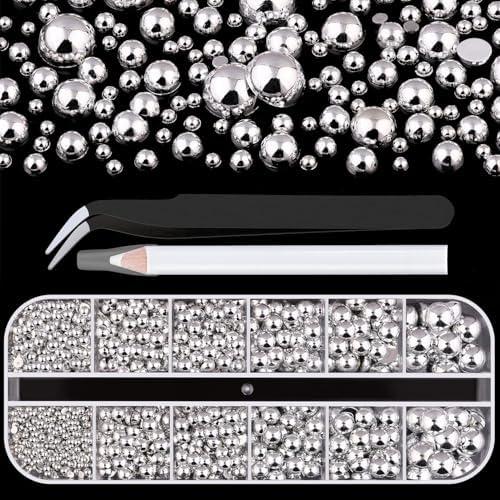 Belleboost Silver Nail Charms and Gems, Half Round Flatback Pearl Nail Charms, Nail Pearls Rhinestones Kit Silver Beads for Nails with Pencil and Tweezer for DIY Nail Art, Face Makeup and Crafting