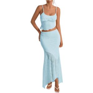Women's 2 Piece Outfits Ruffled Cami Crop Top & Flowy Maxi Skirt Boho Chic Sets, XS
