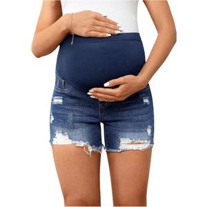 Women's Maternity Ripped Raw Hem Skinny Shorts Elastic Waist Jeans Pregnant Denim Shorts (XX-Large)