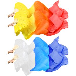 Qunclay 2 Pairs 1.8 Meter/ 5.91 ft Artificial Silk Belly Dance Bamboo Fans Veils National Dance Artificial Silk Veil Fans Long Folding Imitated Silk Fans for Dancing (Bright Color)