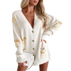 2 x Saodimallsu Womens Oversized Cardigan Sweaters Bow Printed Button V Neck Long Sleeve Loose Knit Fall Trendy Coats Khaki (Beige)