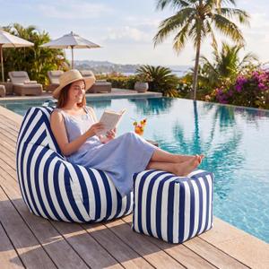 Outdoor Bean Bag Chair Set with Ottoman, Waterproof, Teardrop Boat Bean Bags and Matching Square Footrest, Breathable Weather Resistant Fabric for Marine Patio Pool(Blue White Stripe)