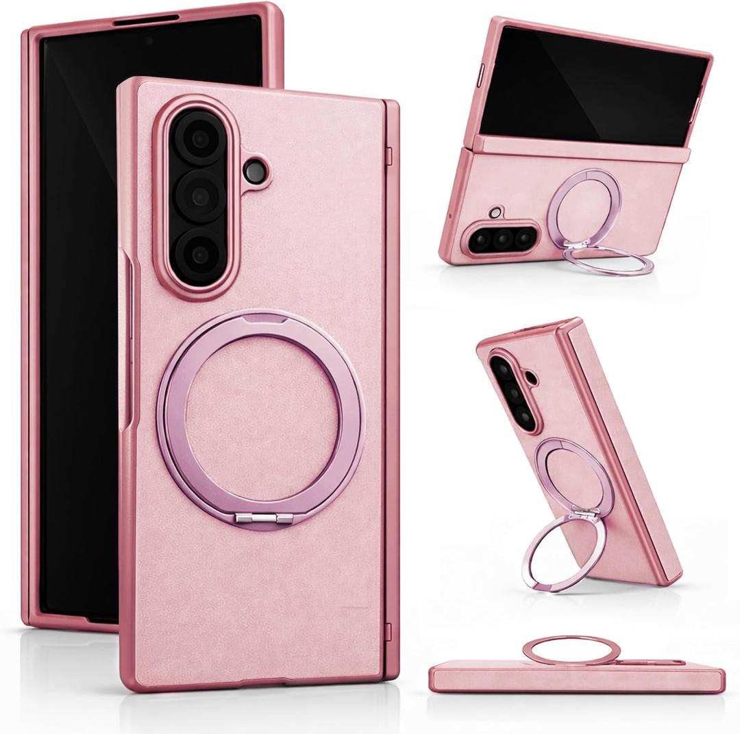 Genuine Leather Case for Samsung Galaxy Z Fold 7, Slim MagSafe Compatible Cover with Hinge Protection, Military-Grade Drop Protection, 360° Rotating Magnetic Kickstand (Pink(Pink Trim))
