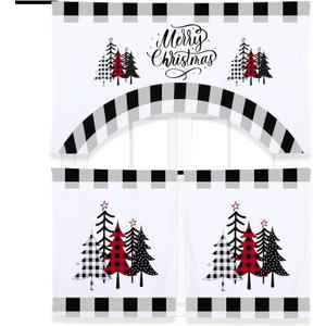 Ganeen 3 Piece Christmas Kitchen Curtain Set Kitchen Window Tier Curtains and Valance Buffalo Plaid Curtains Black and White Curtain Polyester Farmhouse Christmas Decoration (Tree)