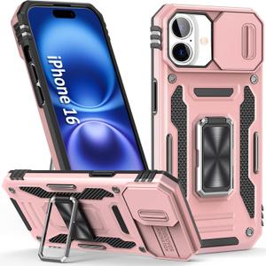 Phone Case for iPhone 16 Case iPhone16 Phone Case with Slide Camera Lens Cover & Kickstand, Dual-Layer Shockproof Military-Grade Drop Protection, for iPhone 16 (Rose Gold)