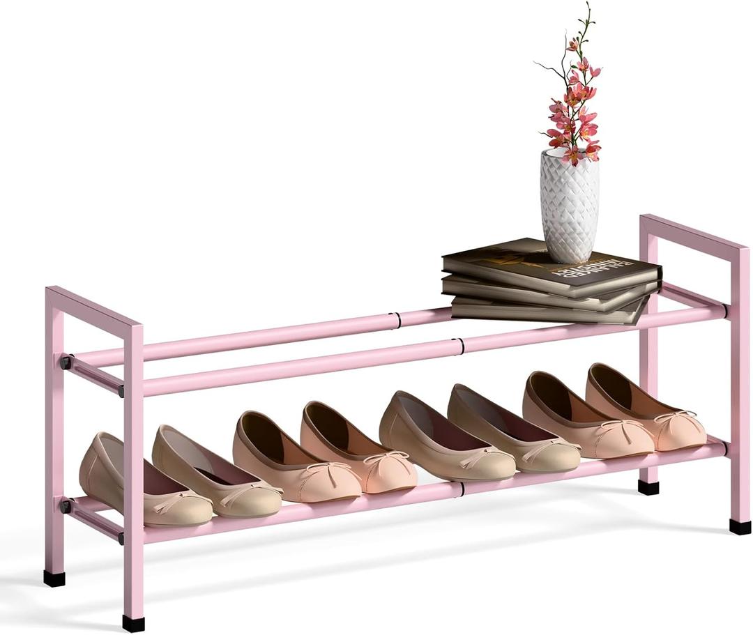Bumusty 2-Tier Expandable Shoe Rack for Closet, 18-33 Adjustable Shoe Rack for Small Space, Small Shoe Organizer for Front Door, Sturdy Metal, Pink