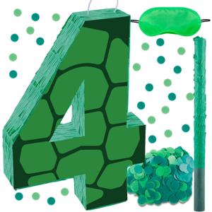 16 Inch Turtle Number 4 Pinata, Turtle Birthday Decorations, Turtle Theme Pinata with 16 Inch Stick Blindfold Confetti for Boy Girl Kids 4th Birthday Party Supplies(4th)