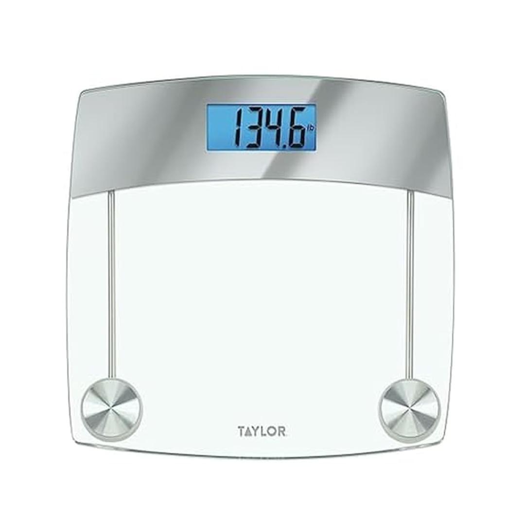 Taylor Digital Scales for Body Weight, Extra High 440 LB Capacity, Unique Blue LCD, Stainless Steel Accents Glass Platform, 12.4 x 12.4 Inches, Clear