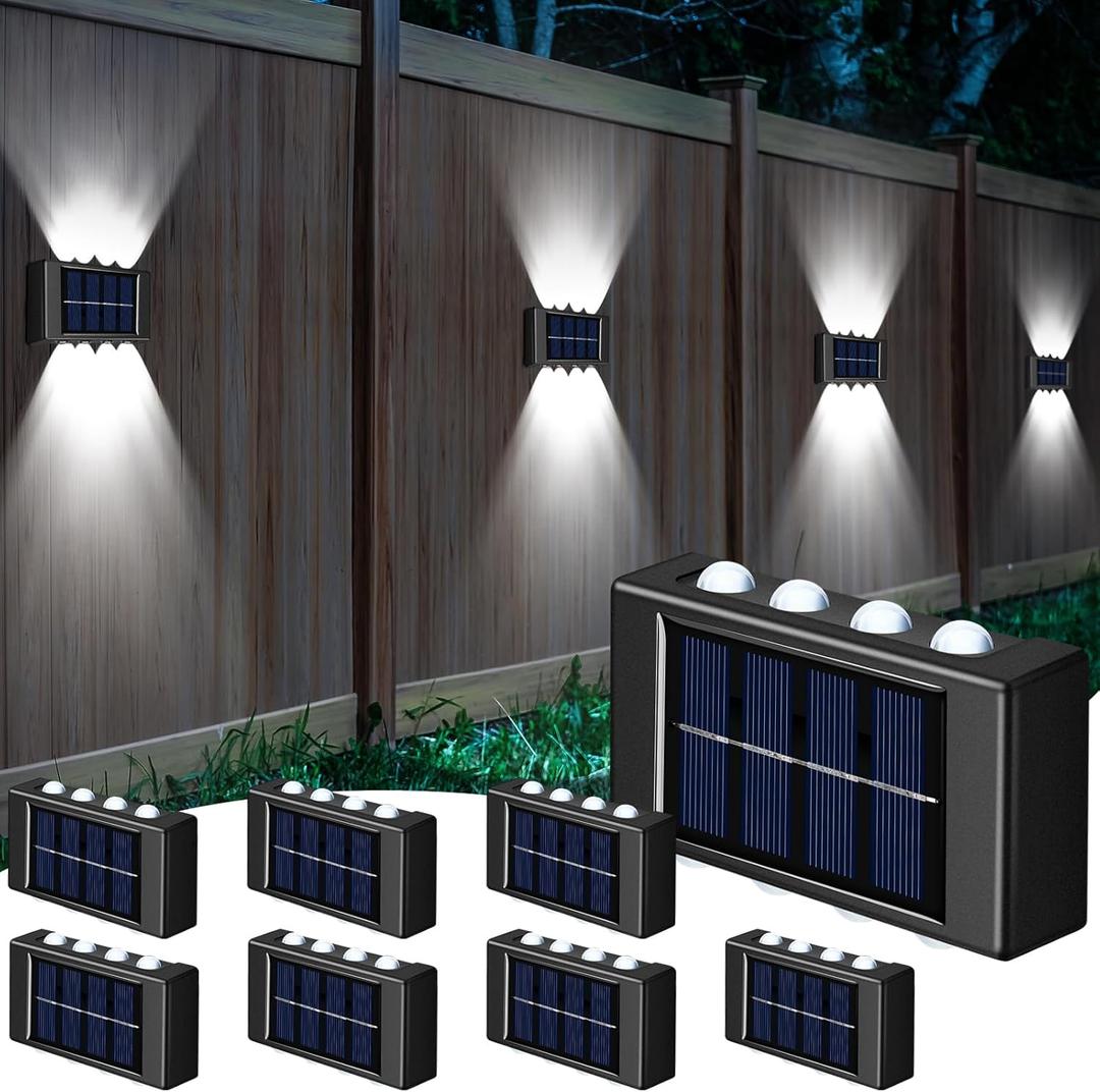 8 Pack Solar Wall Lights for Outside 6000K Cold Solar Fence Lights Up and Down LED Autumn Outdoor Decorative Waterproof Lamps Dusk to Dawn LED Lighting Wall Sconces for Outside Deck Garage