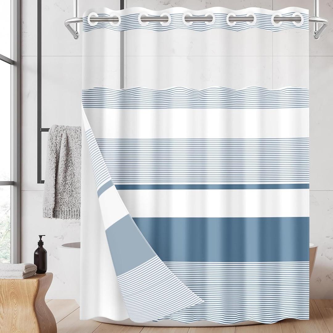 No Hook Blue Shower Curtain with Snap in Fabric Liner Set, Boho Striped Modern Double Layers Waterproof Fabric with See Through Top Window Open Grommet Bath Curtain 71x74 Inch