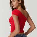 QINSEN Women's One Shoulder Sleeveless T-Shirt (Red)