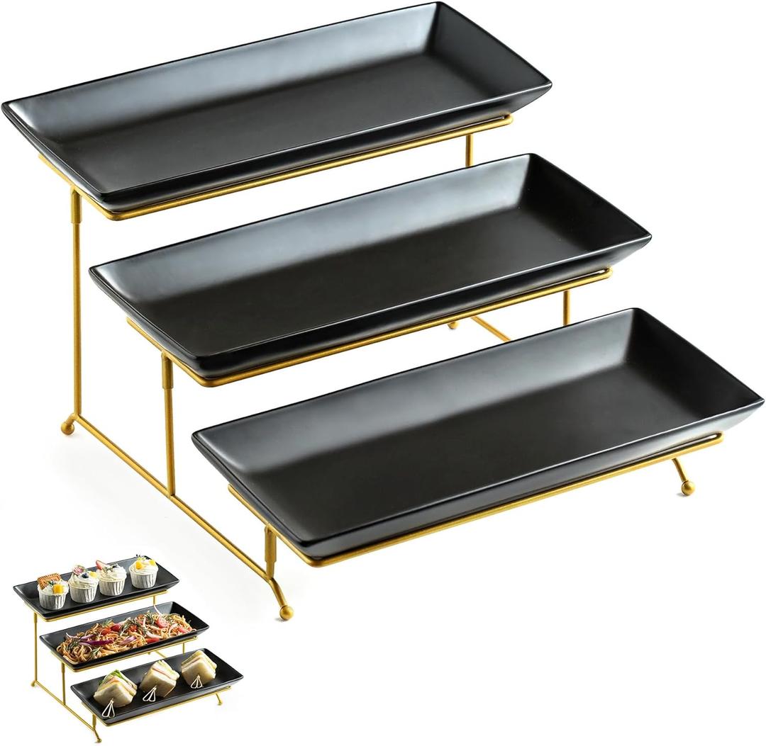 LYEOBOH 3 Tier Serving Tray Set, Tiered Serving Stand with Platters, Serving Dishes for Entertaining Halloween Christmas Party, Collapsible Sturdier Stand & 14 Inch Large Platters for Food Display (Black)