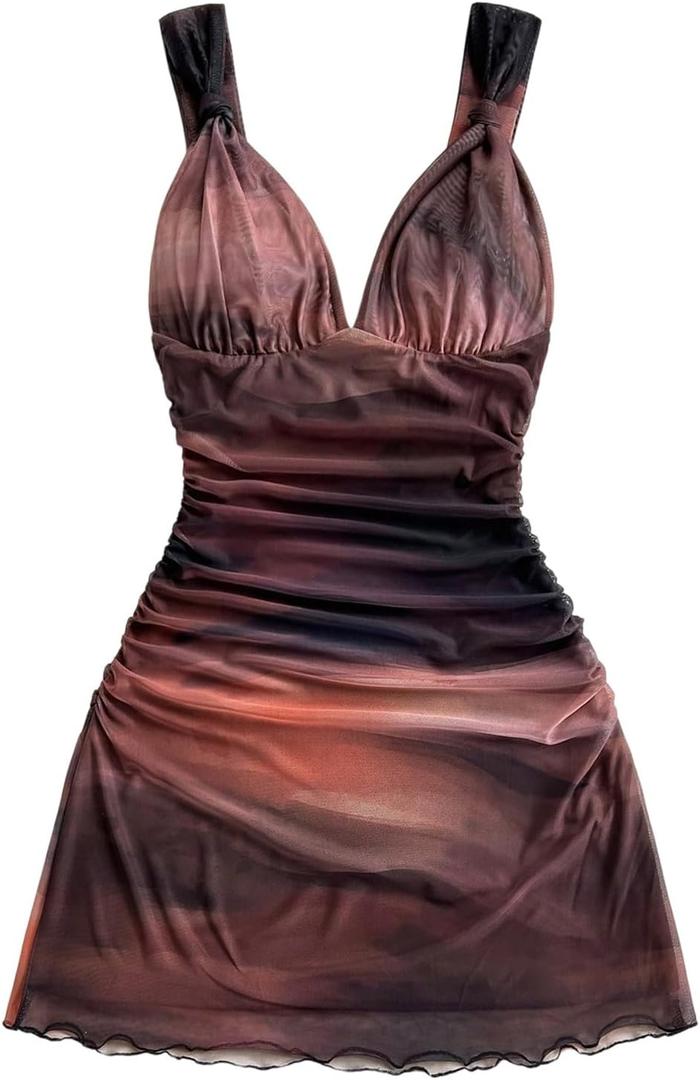 Women's Ruched Mini Dress Retro Vintage Mesh Sleeveless V Neck Fitted Dresses (M)