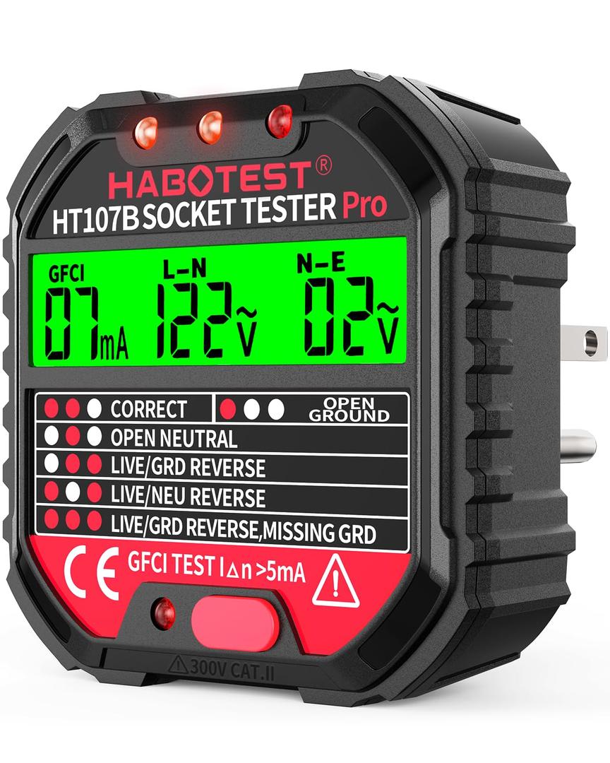 Outlet Tester Electrical GFCI Receptacle Detector with LCD Display, 90-250V Power Socket Tester, Circuit Polarity Voltage Detector, Plug Tester Breaker Finder 6 Visual Indication CAT II 300V (US Plug)