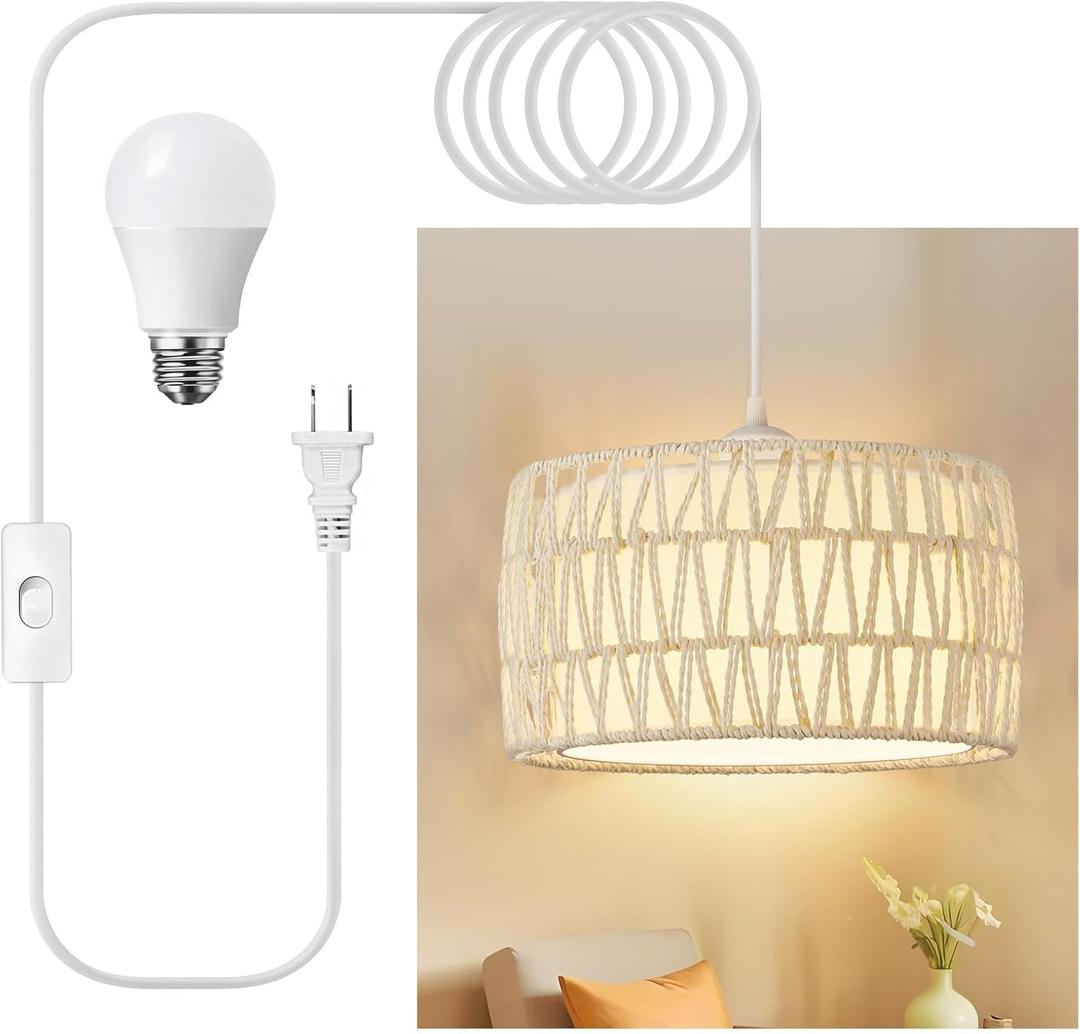 Plug in Pendant Light, Rattan Hanging Lights with Plug in Cord, Woven & Fabric 2 in 1 LampShade, Hanging Lamp Plug in for Bedroom Living Room Kitchen Island-Cream (Bulb Included)