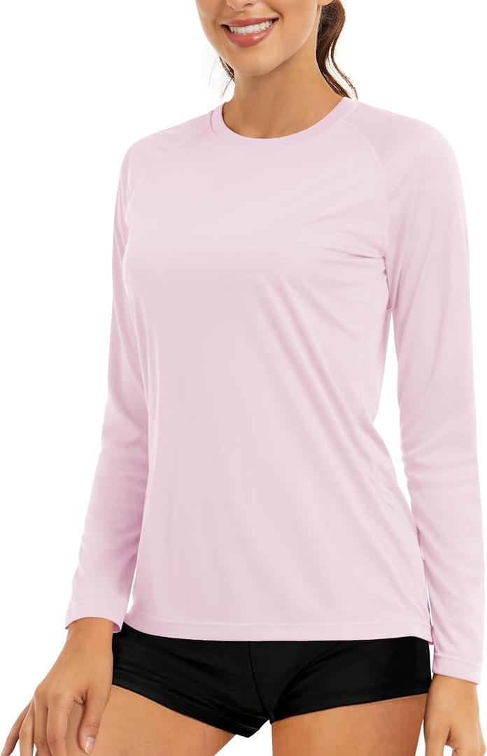 Cavva Women's Workout Long Sleeve Shirts Athletic Tops | Lightweight, Breathable, Quick Dry, Moisture-wicking, Sun Protectioin, UPF 50+, Rash Guard, Stretchy, for Running, Gym, Yoga (Pink, XXL)