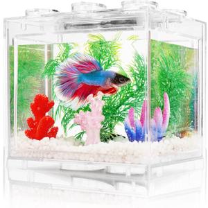 Small Betta Fish Tank, Aquarium Tank Kit with LED Lighting, 0.6 Gallon Stackable Fighting Fish Tank Set, Fish Bowl Accessories for Turtle Reptile Shrimp Crab Insects as Decoration