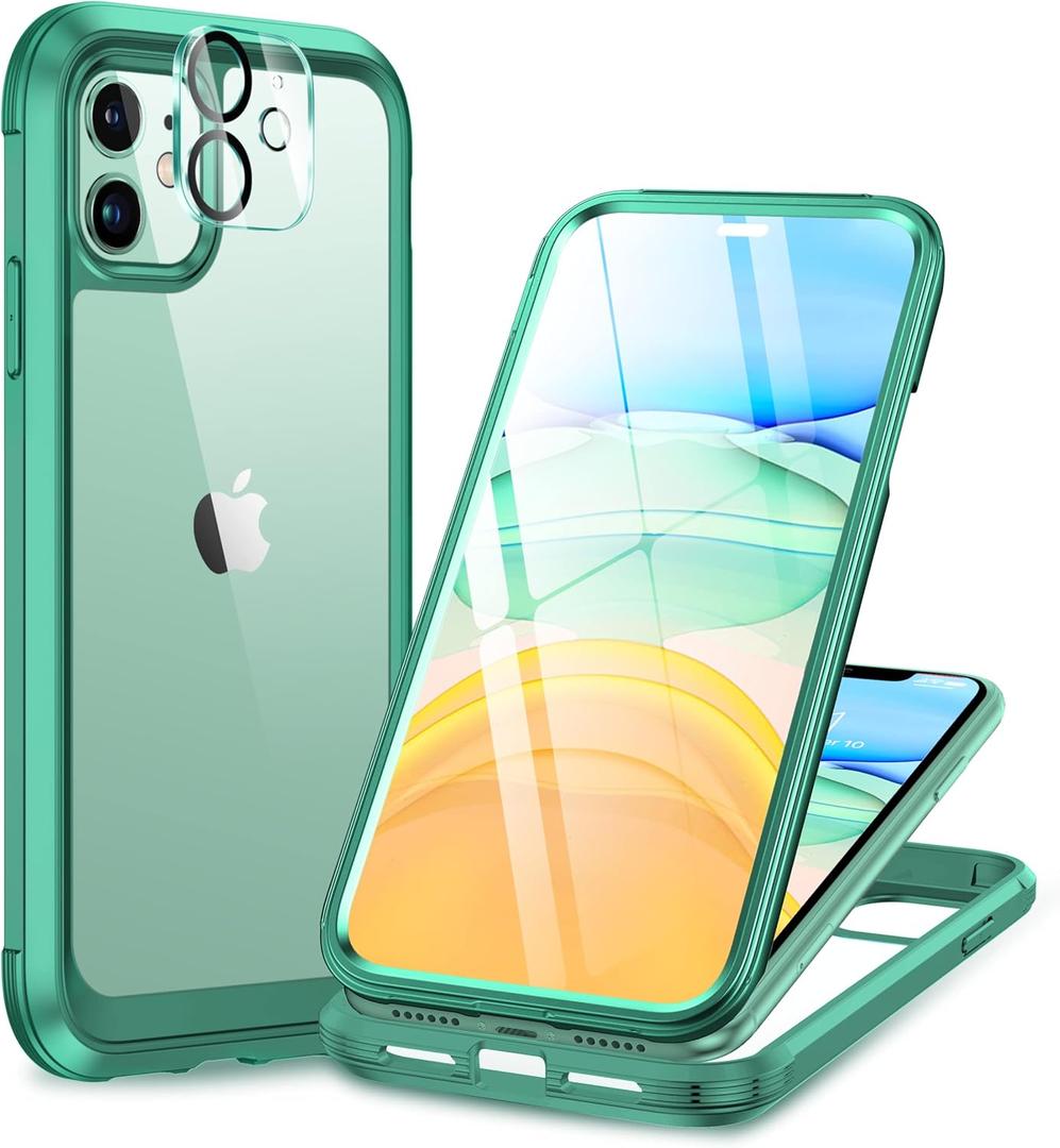 Miracase Glass Series for iPhone 11 Case 6.1 inch, Upgraded Full-Body Rugged Phone Bumper Case Cover with Built-in 9H Tempered Glass Screen Protector and Camera Protector, Light Green
