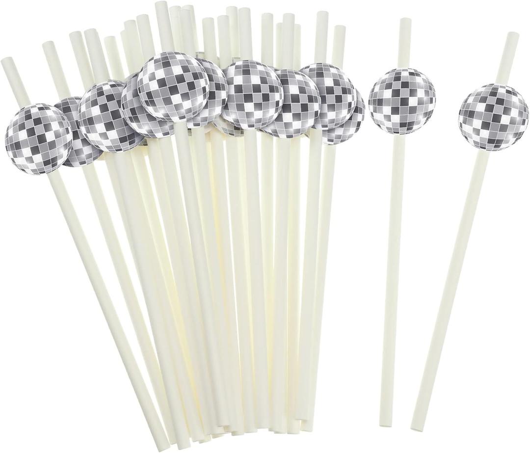 Vesici 100 Pcs Disco Ball Straws 70s Glittery Silver Ball Paper Straws Wedding Birthday Party Disposable Disco Decorations for 70s Retro Theme Bachelorette Party Supplies 0.24 x 7.76 Inches