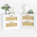 Giluta Farmhouse White nightstands with 2 Drawers Set of 2, Natural Rattan Night Stand 2 Sets, White Bedside Table for Bedroom