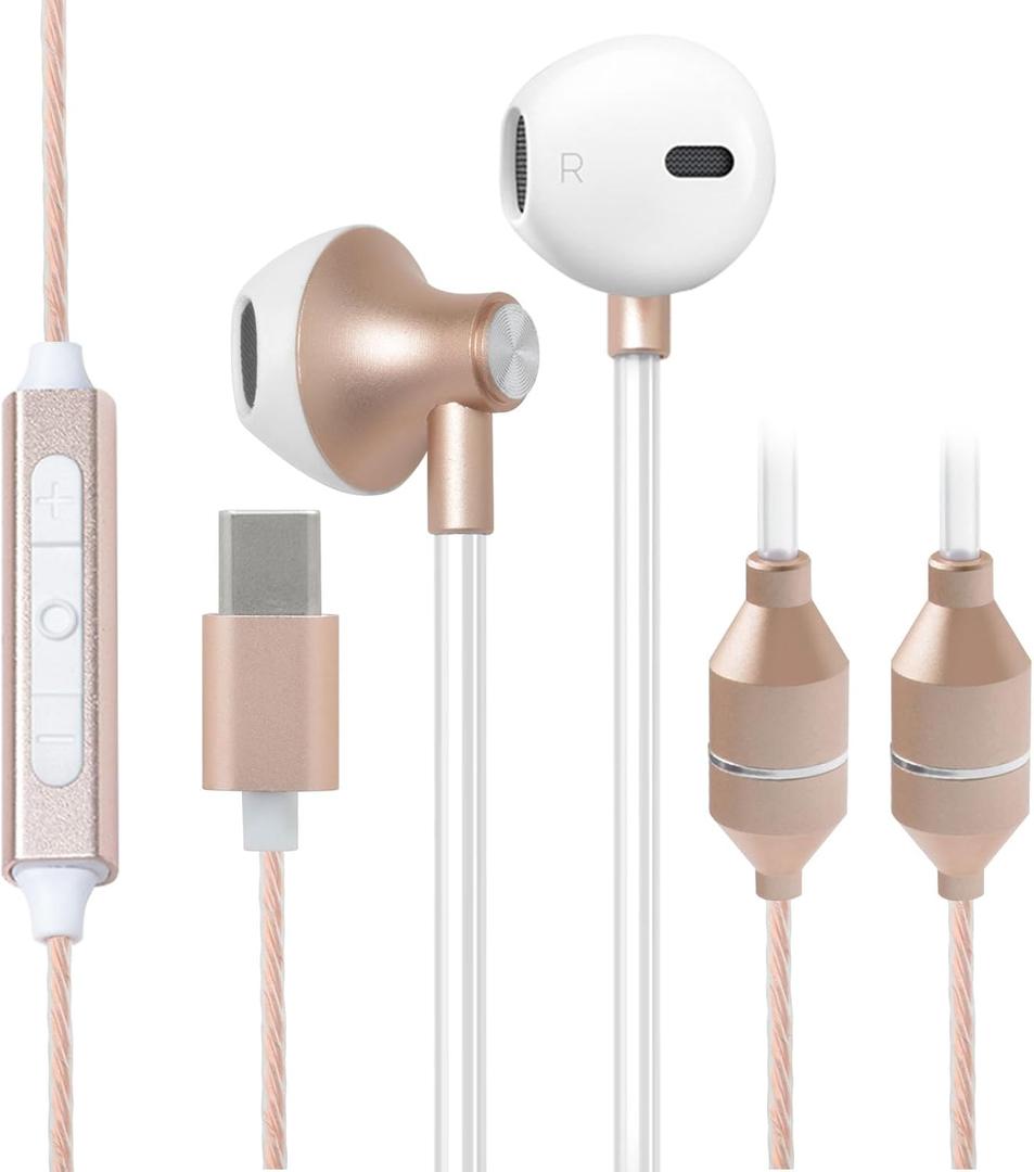 ibrain USB C Air Tube Headphones Type C EMF Free Earbuds with Patented Technology Wired Airtube Headsets with Microphone Safe in-Ear Earphones for Protection - Gold