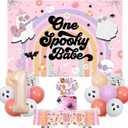 2 x Halloween 1st Birthday Decorations Girl - One Spooky Babe Backdrop, Cake Topper, High Chair Banner, Balloons, Halloween Retro Daisy Groovy Hippie Spooky One Birthday Party Decorations