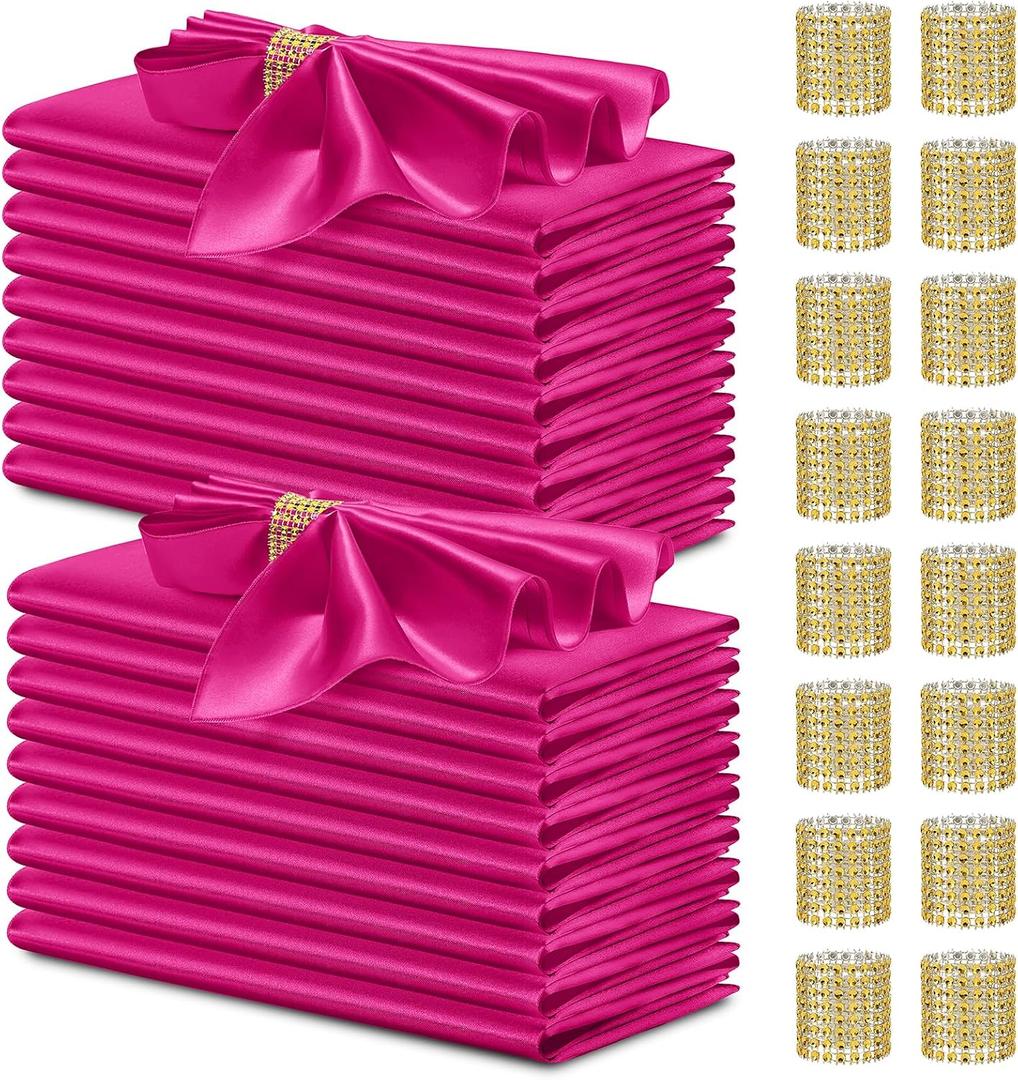 40 Pack Satin Napkins and Napkin Rings Set of 20 Hot Pink Satin Table Napkins 17 x 17 Inch, 20Pcs Silky Cloth Napkins for Wedding Party Banquets Dinner