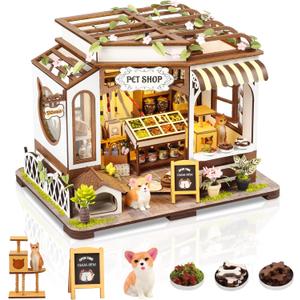 DIY Miniature House Kit,Pet Shop Dollhouse Miniature Kit with LED & Furniture,Mini Diorama House Building Kit for Adults Teens,3D Wooden Crafts Tiny House Mini Model Kit,Home Decor Birthday Gifts