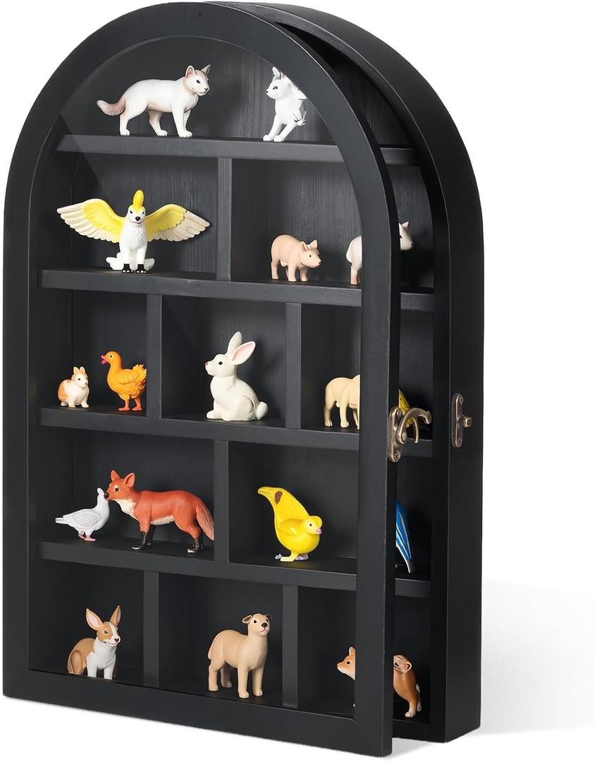 DoubleFill 10" x 15" Trinket Shelf Wooden Shadow Box Display Case with Shelves Acrylic Door Large Wall Mounted Display Shadow Box Mini Figures Curio Trinket Medals Crafts Collection(Black)