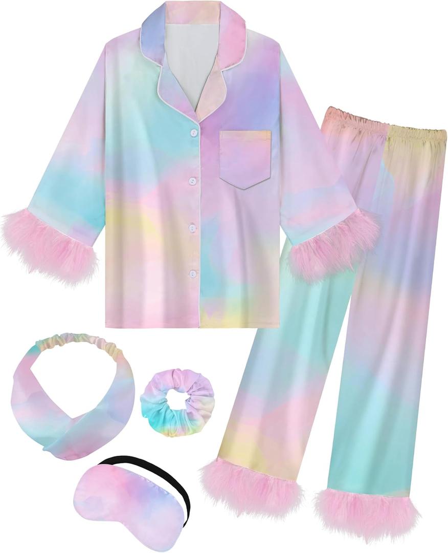 EPLAZA Kids Satin Pajamas for Girls Silk Pajamas Set 2-Piece Feather Long Sleeve Button Down Pjs Set Sleepwear with Eye Mask (6-7 Years, Tie-dye Rainbow)