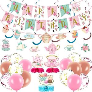 Panelee 33 Pcs Tea Party Birthday Decorations with Floral Happy Birthday Banner,Teapot Banners, Teapot Honeycomb Centerpieces,Hanging Swirl,Colorful Balloons for Girls Tea Party Supplies