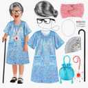 Old Lady Costume for Kids Girls, 100 Days of School Costume for Girls 100th Day of School, Granny Grandma Dress Up Nightgown, Wig, Cane, Glasses, handbag, Play Money Accessories Outfit for Kids