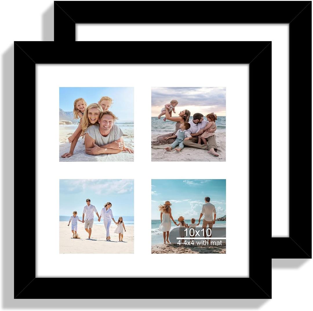 Hongkee 10x10 Picture Frame Set of 2, Real Glass and Black Collage Frame, Display Pictures Four Opening 4x4 With Mat or 10 x 10 Without Mat for Wall Hanging or Tabletop