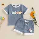 Afunbaby Toddler Baby Girl Clothes Waffle Knit Embroidered Short Sleeve Shirt Shorts Cute Boho Summer Outfit Clothing Set (Blue)