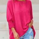 Dokotoo 3/4 Length Sleeve Womens Tops Dressy Casual Blouses Boat Neck Batwing Babydoll Top (Pink, XL)