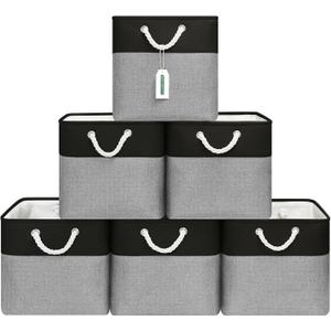 ECDYQXVU 13x13 Inch Cube Storage Bins with Reinforced Bottom Cardboard, 6 Pack Large Foldable Fabric Storage Cubes with Handles for Shelf, Closet, Laundry Organization (Black&Gray)