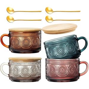 Khen Colored Vintage Coffee Mug Set | Set of 4 | 15oz Unique Flower Hobnail Glasses, Overnight Oats Container with Gold Spoons - Embossed Cups Cute Coffee Bar Accessories, Glassware (Muted)