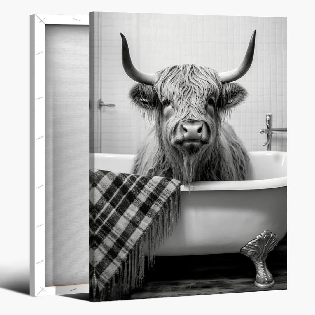 Black and white highland cow bathroom funny canvas wall art for living room farmhouse posters prints vintage modern wall art decor bedroom poster print Framed16x24inch (16x24inchFramed)