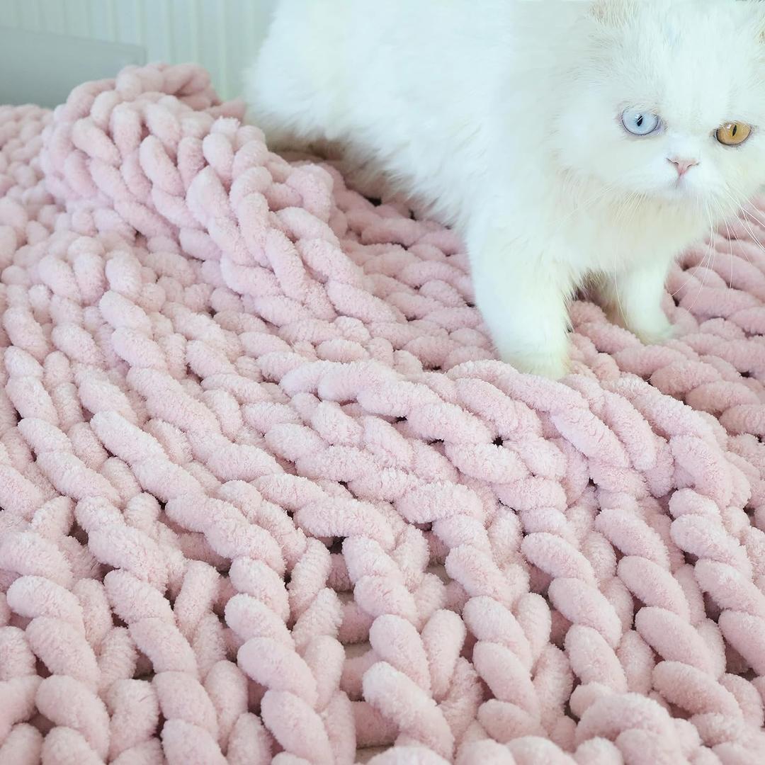 Maetoow Chenille Chunky Knit Blanket Throw 5060 Inch, Handmade Warm & Cozy Blanket Couch, Bed, Home Decor, Soft Breathable Fleece Banket, Christmas Thick and Giant Yarn Throws, Light Pink, 50''x60''