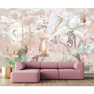 Kids Safari Wallpaper for Nursery, Woodland Fox Squirrel Rabbit Animals Wall Mural Pink Forest Wallpaper for Bedroom Living Room Children's Room(Not Self-Adhesive) (149" x 96", 229) Kids Safari Wallpaper for Nursery, Woodland Fox Squirrel Rabbit Animals Wall Mural Pink Forest Wallpaper for Bedroom Living Room Children's Room(Not Self-Adhesive) (149" x 96", 229)