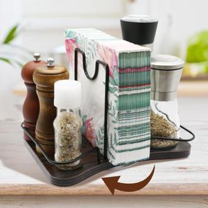 Napkin Holder For Table, Rotating Metal Standing Napkin Dispenser with Salt and Pepper Shakers Caddy Standing Paper Napkin Storage Modern Napkin Dispenser for Table Kitchen Countertop