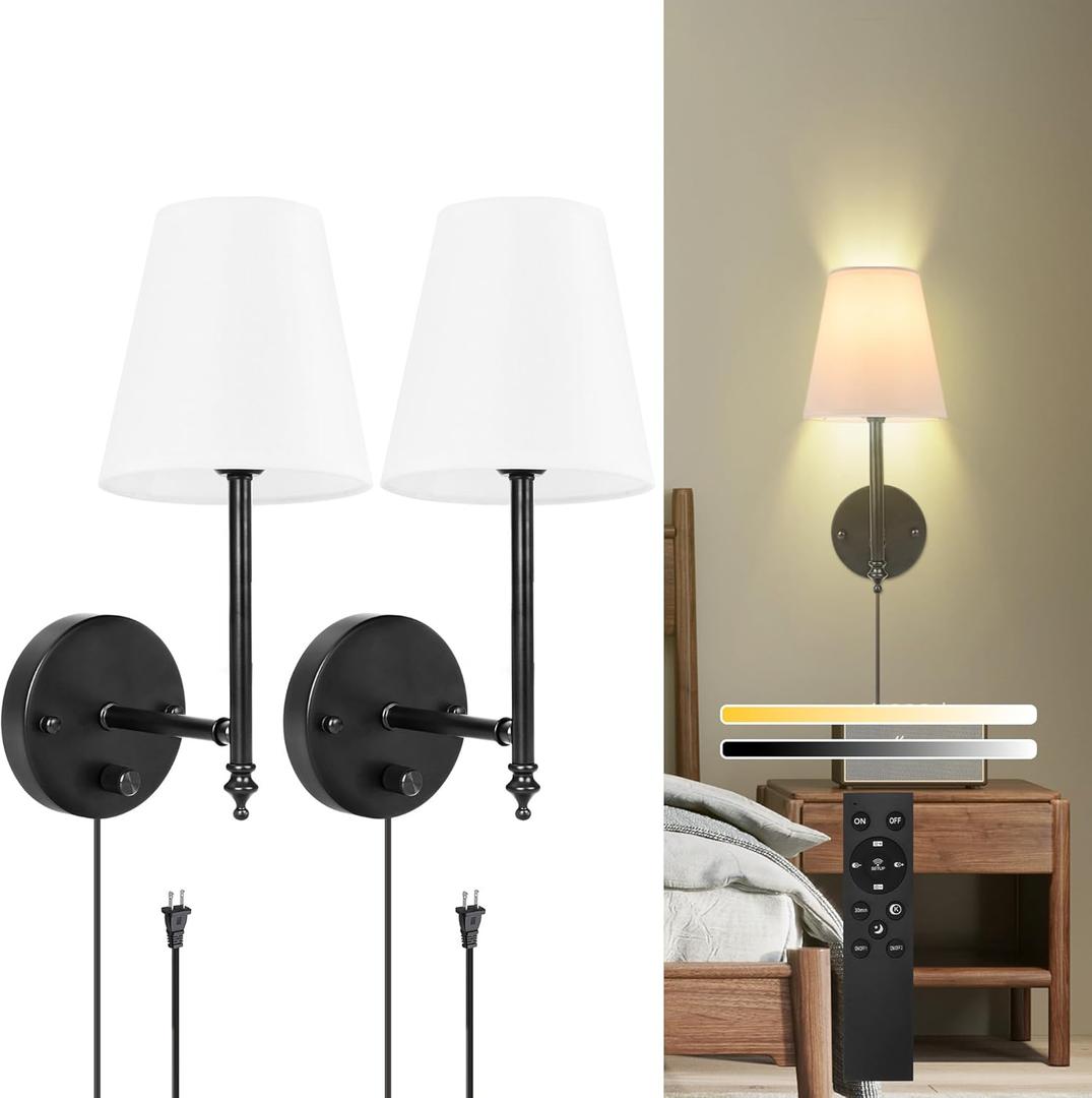 Wall Sconces Set of Two with Remote, Dimming 10-100% & Adjustable Colors 2700-6500K, Hardwired Wall Lamps White Fabric Shades, Wall Mounted Lamp with Night Light & Timer, Antique Brass, NOT Battery Powered