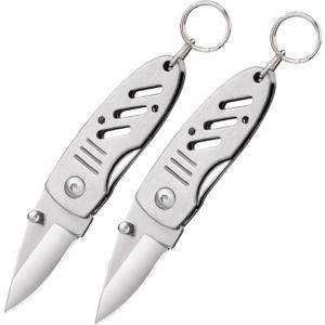 Mini Keychain Knife, 2pcs Small Folding Pocket Knives with Liner Lock, 1.6 Inch Blade, Every Day Carry Tool for Father's Day Gift (Silver)