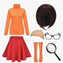 Halloween Deluxe Adult Costume for Women,Brown Bob Wig,Turtleneck Top,Skater Skirt,Magnifying Glass,Socks and Glasses,(Large)