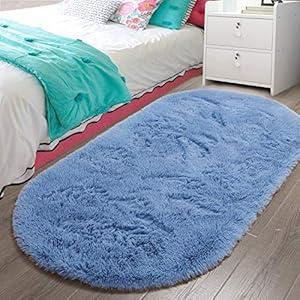 LOCHAS Luxury Velvet Fluffy Carpet Soft Children Rugs Room Mat Modern Shaggy Area Rug for Bedroom Bedside Home Decor 2.6' x 5.3', Light Navy