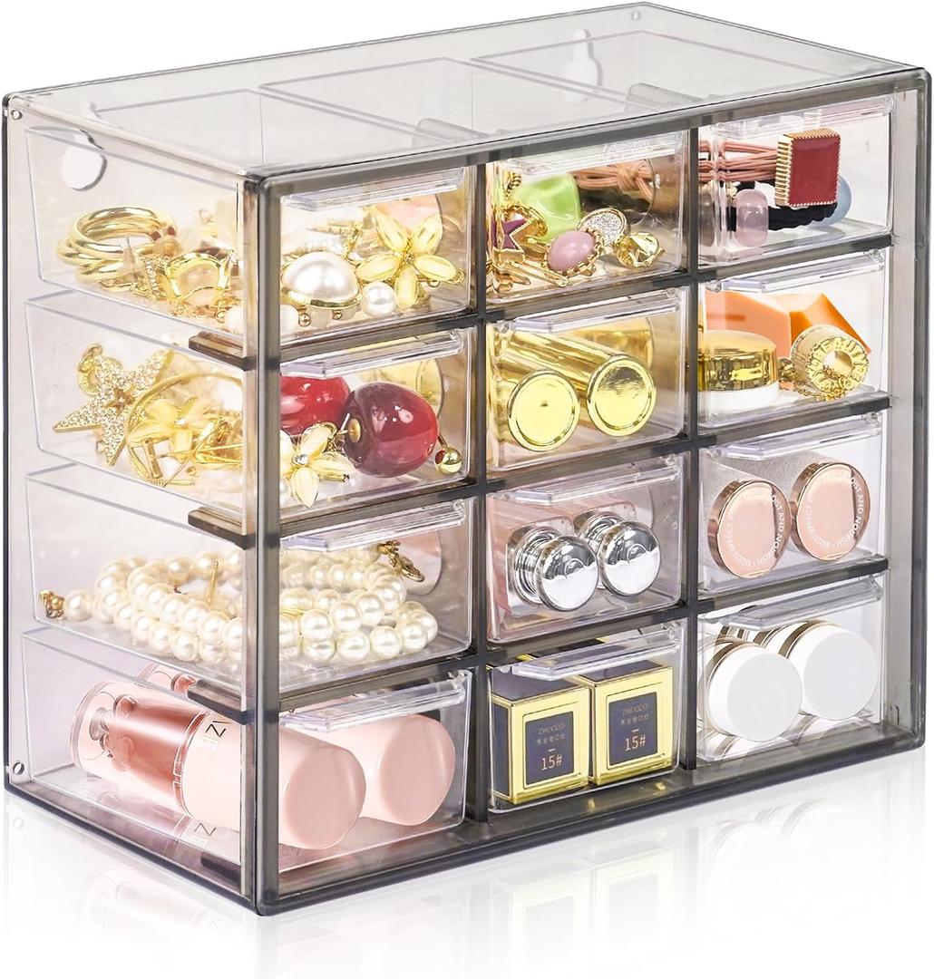 Desk Storage Organizer with 12 Mini Drawers, Clear Desktop Craft Drawer Cabinet, Stackable Storage Box Caddy for Makeup Jewelry Office Craft Supplies (Grey)