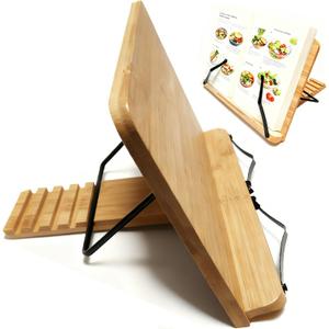 Cookbook Stand for Kitchen Counter, 5-Level Adjustable Elegant Bamboo Recipe Book Holder, All-in-One Design Locks Flat for Easy Storage, Holds 1 inch Thick Books for Cooking, Working, and Studying