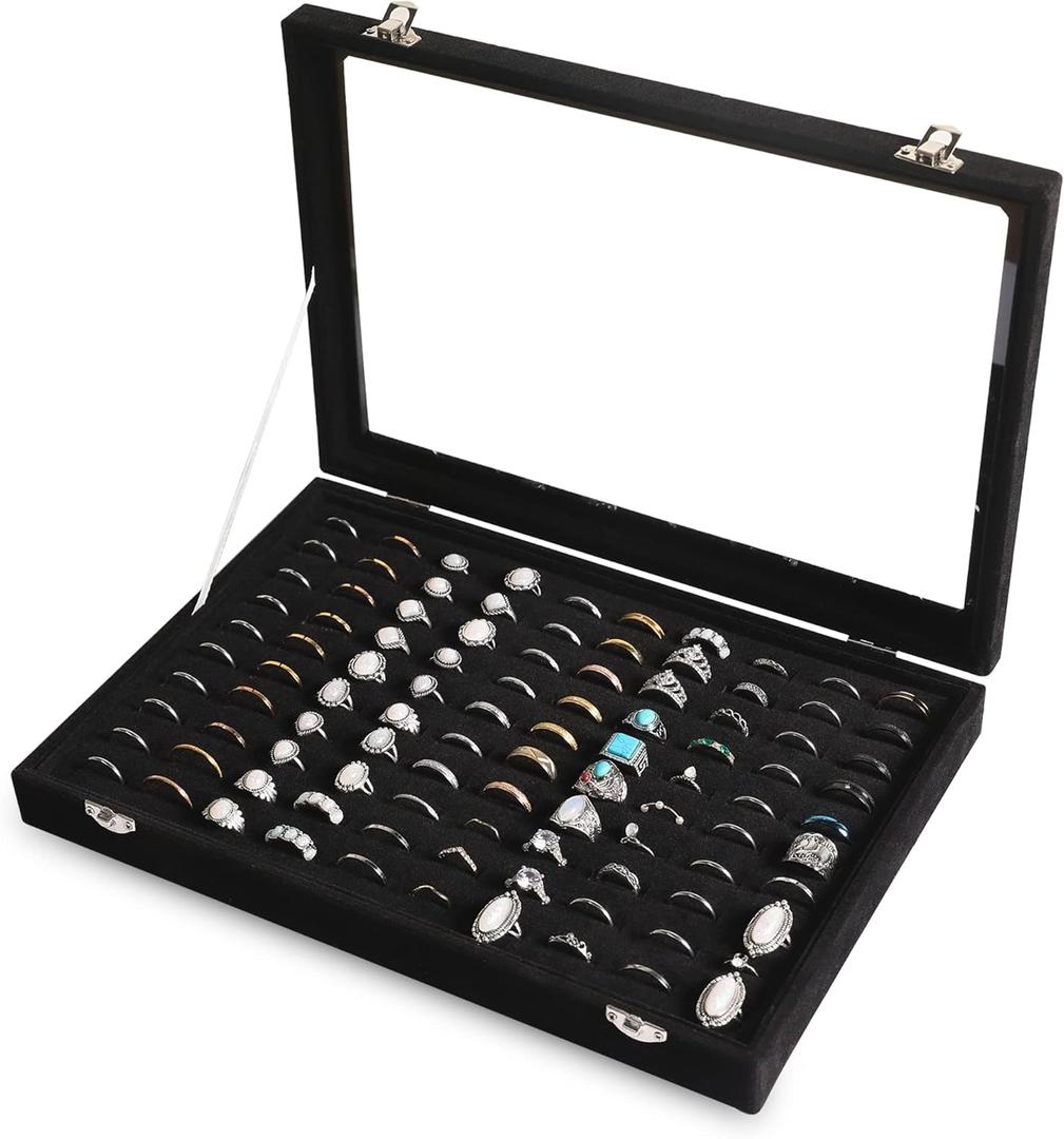 Frebeauty Ring Organizer Tray 100 Slots Ring Holder with Clear Lid Velvet Storage Box Jewelry Tray for Jewelry Store Earring Display Case for Jewelry Show Studs Box for Women(Black)