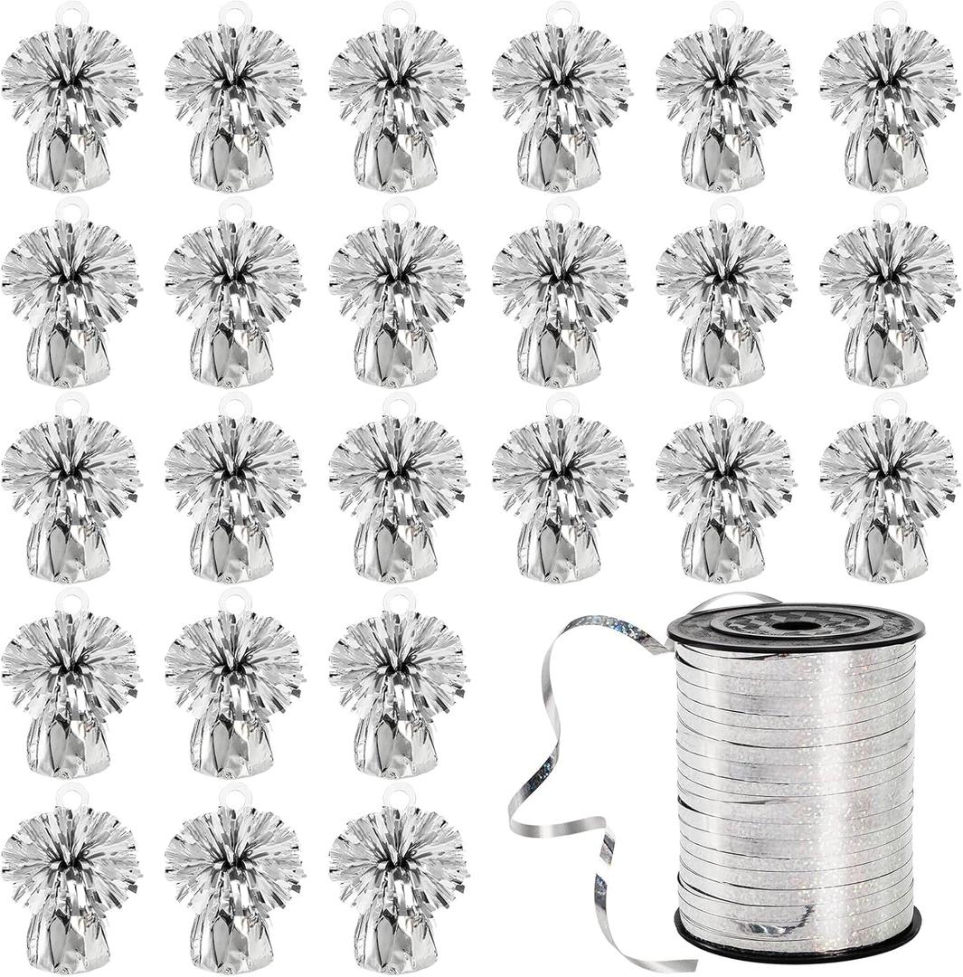 Frcctre 24 Pack Balloon Weights Metallic Silver Anchors Balloon Holder Foil Weights with 1 Roll Colorful Ribbon for Balloons Table Centerpiece Birthday Party Wedding Anniversary